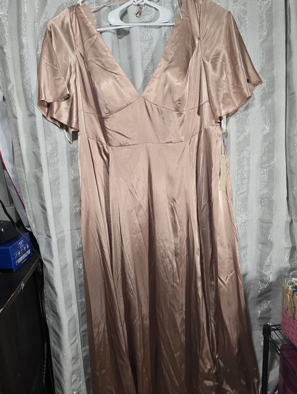 Satin V-Neck Flutter Sleeve Bridesmaid Maxi Dress - Sand